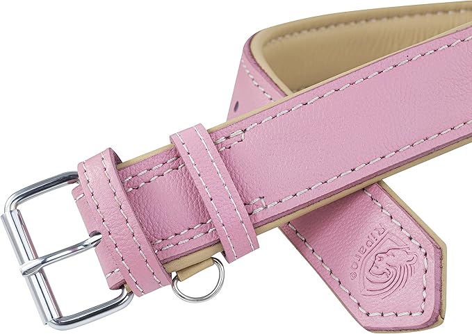 Riparo Genuine Leather Pink Dog Collar Heavy Duty K-9 Adjustable Dog Collar (L: 1.5" Wide for 17"-21" Neck, Pink)