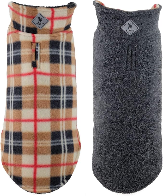 The Worthy Dog Fargo Fleece Check Dog Jacket, Adjustable Reversible with Harness Hole, Wind-Resistant, Winter Outdoor Clothes for Pets, Tan - 20''