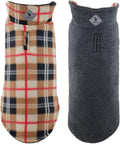 The Worthy Dog Fargo Fleece Check Dog Jacket, Adjustable Reversible with Harness Hole, Wind-Resistant, Winter Outdoor Clothes for Pets, Tan - 16''