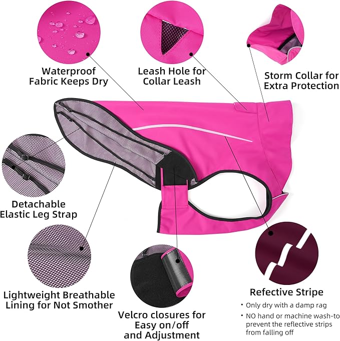 Mile High Life Dog Raincoat, Adjustable Waterproof Reflective Rain Jacket for Small Medium Large Dogs, Lightweight Breathable Pet Rain Coat with Leash Hole(Hot Pink,XS Chest 17-23")