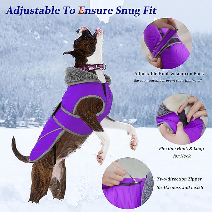 Dogcheer Dog Coat, Waterproof Dog Jacket Reflective Pet Winter Coat with Adjustable Hook & Loop, Christmas Puppy Fleece Jacket Warm Turtleneck Snowsuit for Small Medium Large Dogs - Purple, 3XL