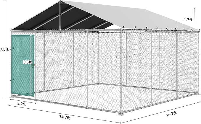 DWVO 14.8'x14.8' Large Outdoor Dog Kennel with Roof, Dog Pens Outside with Metal Dog Gate, Dog House Large Dogs for Yard