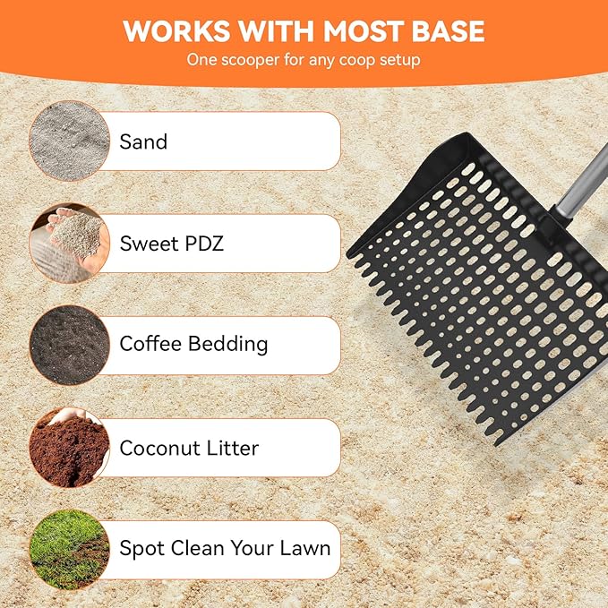Chicken Poop Scooper & Rake 2-in-1, Pooper Scooper with 13in Wider PP Head & Adjustable Stainless Steel Handle, 33''-69'' Sand Sifting Shovel Litter Scooper for Chicken Coop/Small Farm Animals, Black
