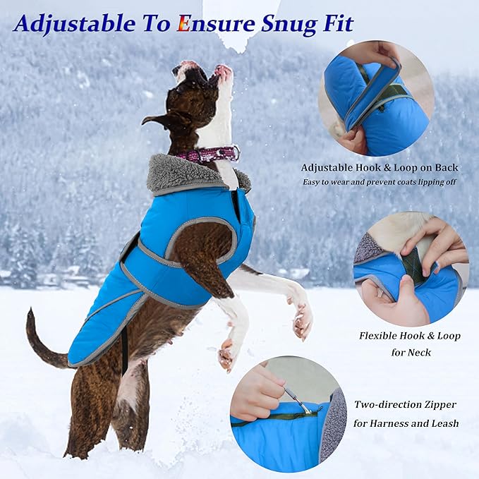 Dogcheer Dog Coat, Waterproof Dog Jacket Reflective Pet Winter Coat with Adjustable Hook & Loop, Christmas Puppy Fleece Jacket Warm Turtleneck Snowsuit for Small Medium Large Dogs - Sky Blue, M
