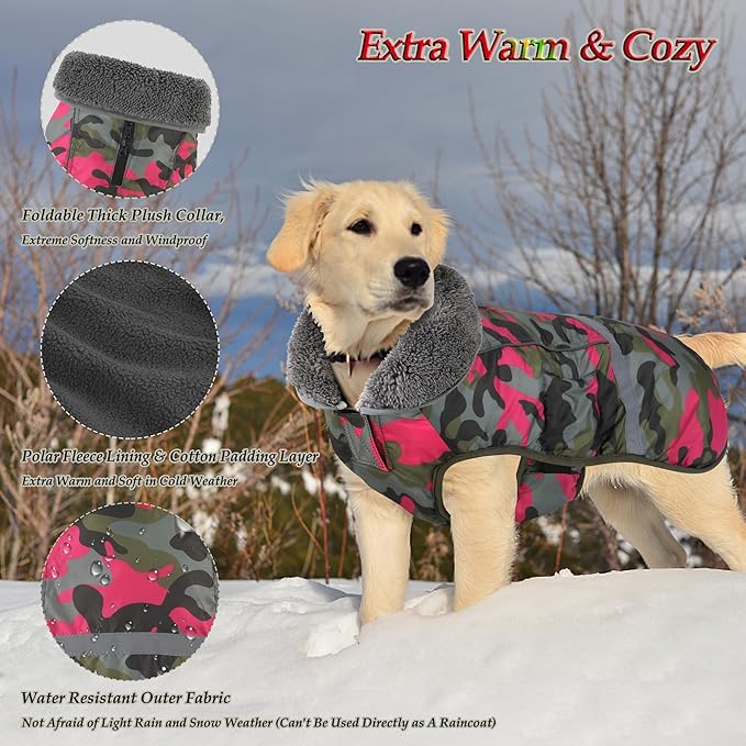 Dogcheer Warm Dog Coat, Waterproof Dog Jacket Reflective Adjustable Puppy Winter Coat with Buckle, Christmas Pet Snow Jacket Turtleneck Fleece Sweater for Small Medium Large Dogs - Camo Pink, XL