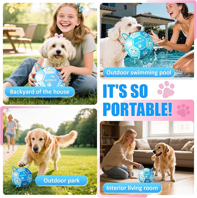 Size 2 Blue Dog Soccer Ball with Straps Eye-Catching Bone and Paw Print Design, Ultra-Durable Training Ball for Pets Interactive Outdoor Dog Toy, Perfect for Small to Medium Puppies