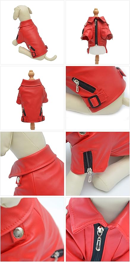 Lovelonglong Cool Dog Leather Jacket, Warm Coats Dogs Windproof Cold Weather Coats for Pugs Bulldog Pitbull Red B-M