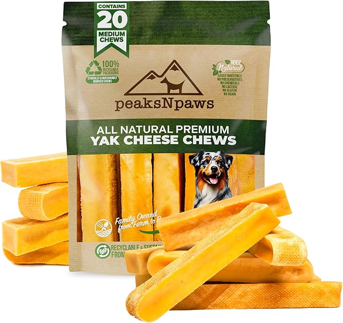 peaksNpaws Himalayan Yak Chews, High Protein Dog Treat for Aggressive Chewers, Natural, Long Lasting, Lactose Free Chew Stick for Pet Under 35 lbs, 20 Medium Treats, 100% Eco-Friendly Packaging