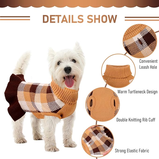 Dog Sweater Dress Plaid Knitwear for Small Medium Dogs Warm Puppy Pet Turtleneck Stretch Pullover Cute Fall Winter Vest Clothes with Leash Hole for Christmas (Coffee, XS)