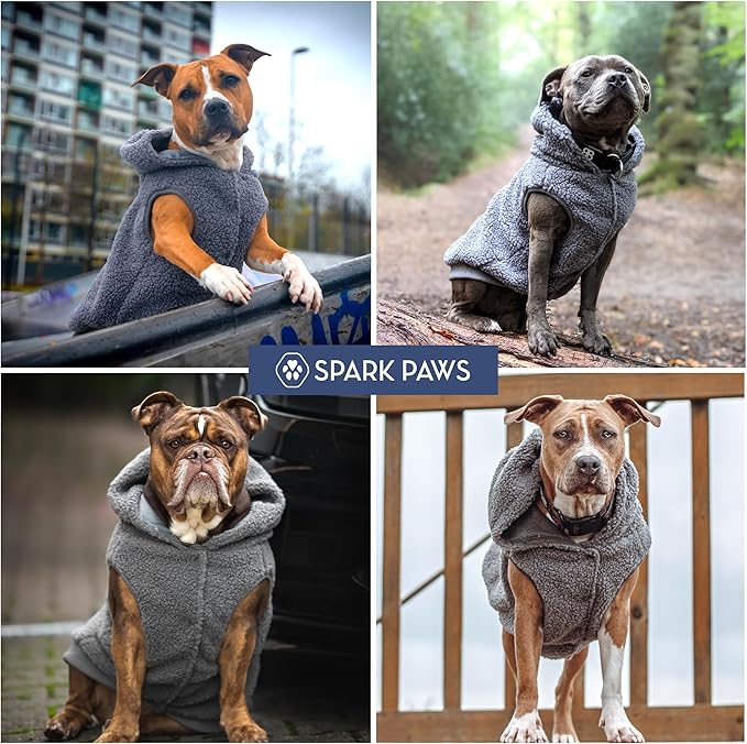Spark Paws Teddy Dog Sweater, Sherpa Vest with Warm Fleece Lining, Winter Coat Suitable for Small Medium Large XL XXL Breeds - Grey - S