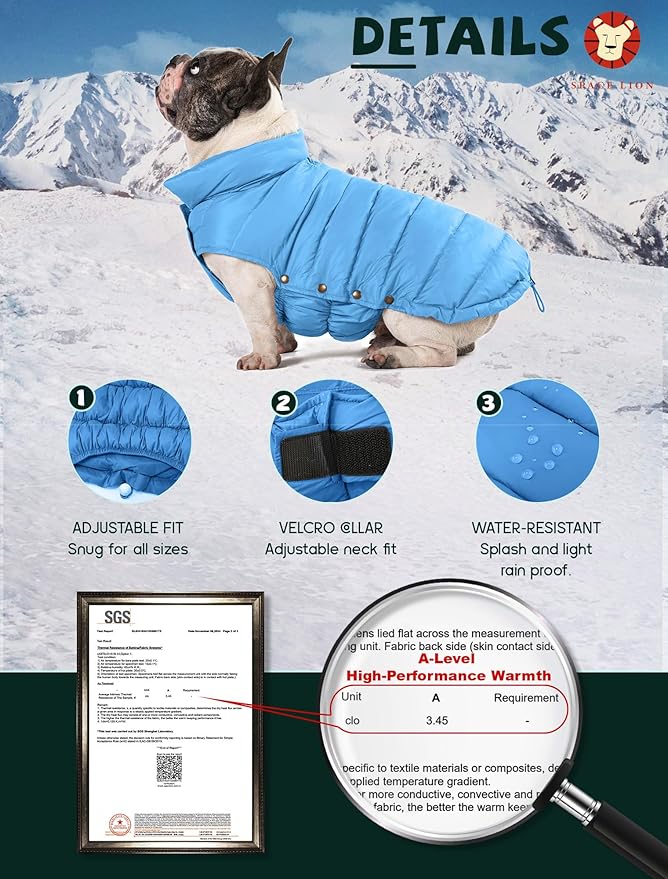 SPACE LION Dog Puffer Jacket, Down Winter Coat, Durable Outdoor Coat for Cold and Windy Conditions, Waterproof, Lightweight Jacket, Adjustable Fit for Small, Medium, Large Dogs(Blue,14/L)