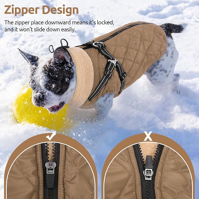 Queenmore Dog Jackets for Large Dogs, Dog Coat with Harness Built-in, Thick Fleece Lining Waterproof Jacket for Large Breeds, Back Zipper Pet Winter Jacket for Retriever, Labrador, Brown XL