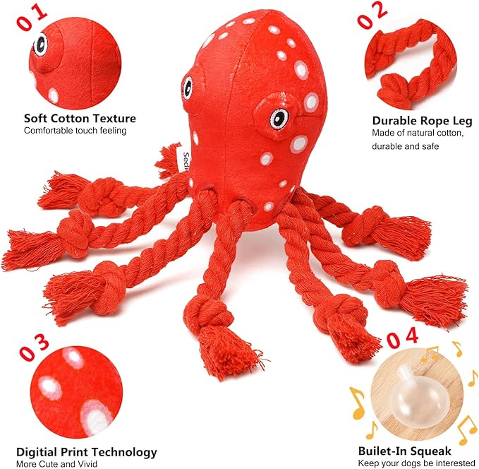 Dog Toys, Dog Plush Toy for Large Breed, Cute Squeaky Dog Toys with Rope Legs, Stuffed Animal Dog Chew Toys for Puppy, Small, Middle, Big Dogs (Red(Octopus))