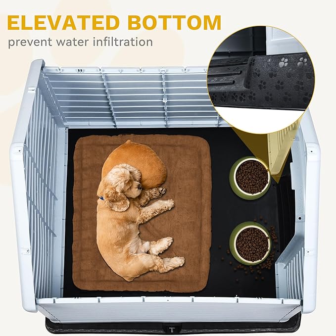 DWVO Plastic Dog House, Weatherproof Outdoor/Indoor Doghouse, Puppy Kennel with Air Vents and Elevated Floor