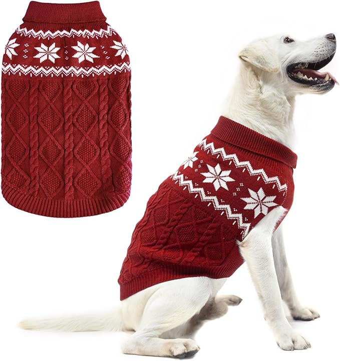 Warm Winter Pink Dog Sweater - Cold Weather Pet Clothes for Small Medium Large Dogs Indoor Outdoor, Soft Classic Knit Puppy Apparel Coat, Dark Red, ML