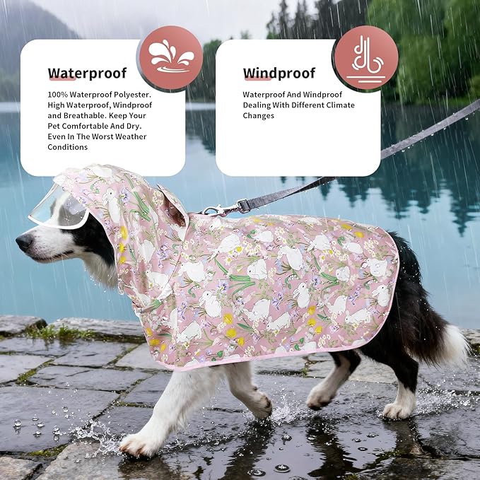 Dog Raincoat, Waterproof Windproof Dog Rain Jacket with Hood, Rain Coat with Leash Hole, Adjustable Raincoat Poncho for Small Medium Large Dogs Outdoor (Pink, Large)