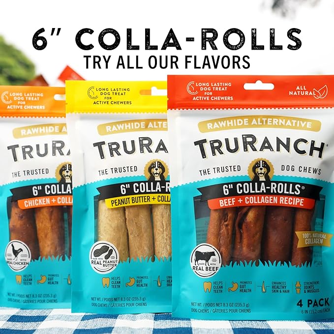 TRURANCH Collagen Rolls - 6" Collagen Rolls for Dogs - Long Lasting Healthy Joint Support Dog Treat - Rawhide Alternative - Skin & Coat Health - Made with Real Chicken, 1 Bag, 4 Count