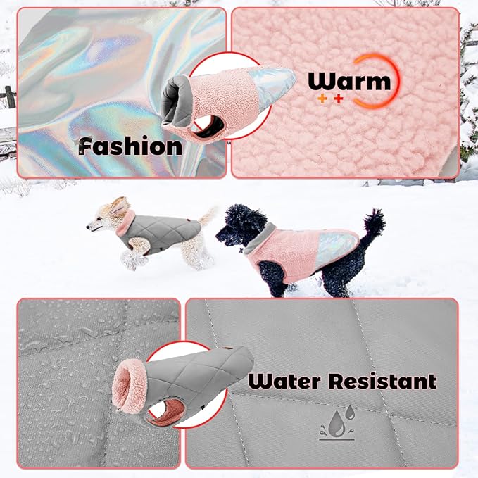 EMUST Small Dog Coat, Reversible Winter Jacket Coats for Small Dogs, Fuzzy Pet Apparel Vest for Small Medium Dogs, Pink, S