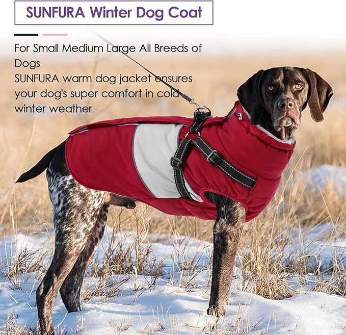 SUNFURA Dog Coat, XXL Dog Jacket Winter with Harness Built in, Waterproof Pet Snow Jacket with Furry Collar for Chilly Day, Reflective Fleece Snowsuit for Extra Large Dogs, Burgundy 2XL