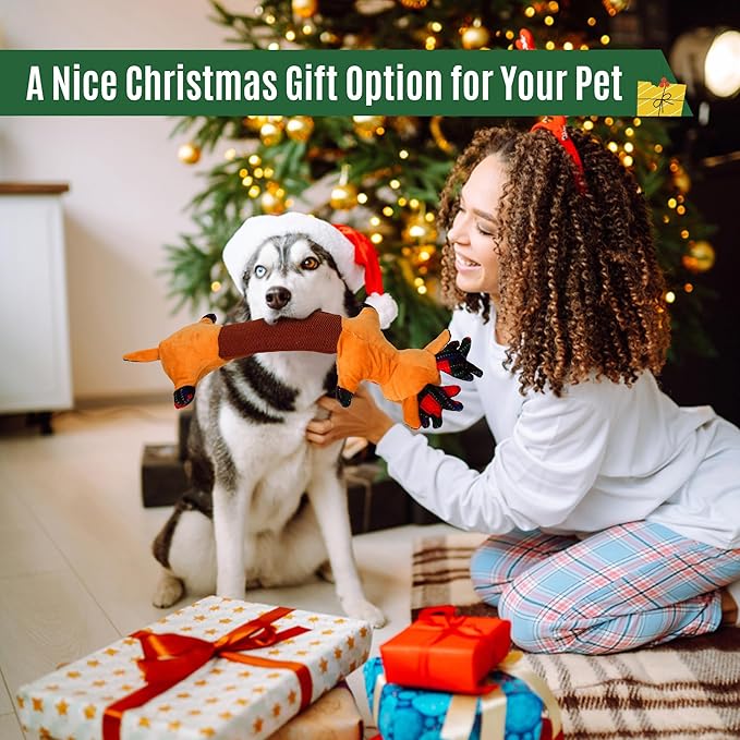 IOKHEIRA Christmas Dog Toys Squeaky Plush Crinkle Rope – Interactive Tug-of-War Chew Toy for Small Medium Large Breeds, Cute Holiday Reindeer Gift