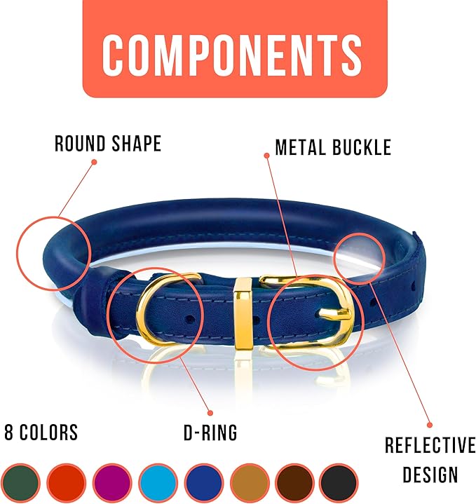 OOPSDOGGY Reflective Rolled Leather Dog Collar Adjustable Soft Padded Pet Collar for Small Medium Large Breed Dogs (Blue, XS, 8"-11")