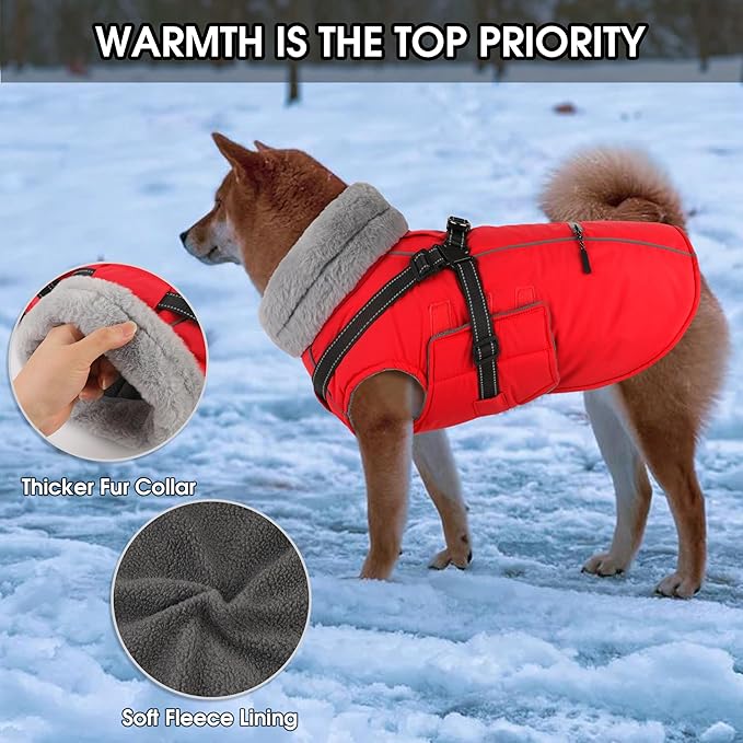 PETDSH Dog Coat Large, Built-in Harness Dog Jacket with Warm Fleece Lining, Waterproof Reflective Dogs Winter Coat, Pet Coats with Pocket and Trash Bags (Red, XXX-Large)