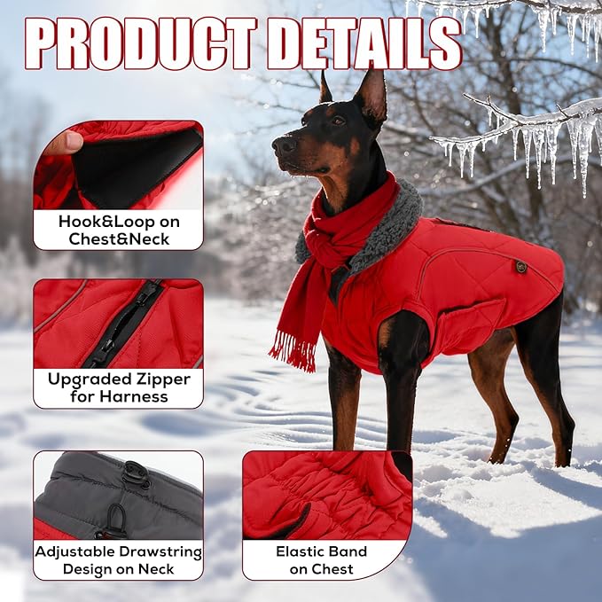 EMUST Dog Winter Jackets, Small/Medium/Large Dog Coat for Winter, French Bulldog Clothes for Dogs, Red, XL