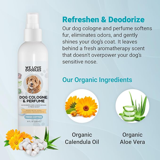 We Love Doodles Dog Cologne & Perfume, (Lavender and Fresh Cotton) Bundle - Deodorizing, Organic, Made In USA - Long Lasting After Bath Deodorant - Freshener For Smelly Dogs - Odor Eliminator Spray