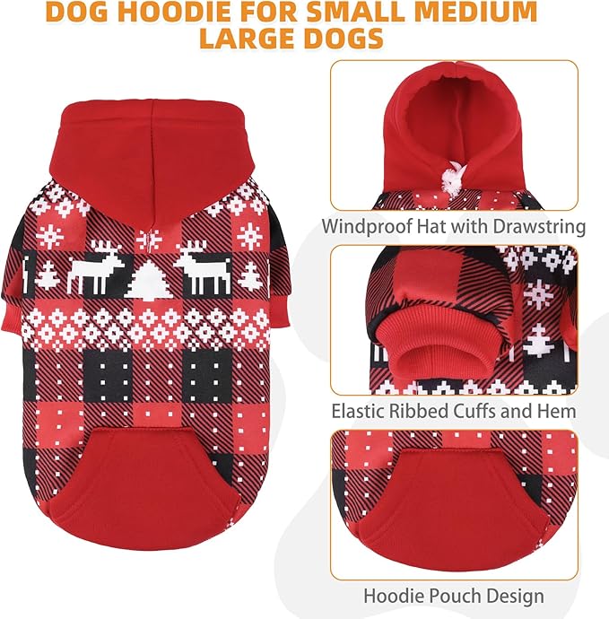 KOOLTAIL Christmas Dog Hoodie,Red Plaid Pet Clothes Sweater with Leash Hole&Pocket for Small Medium Large Dogs, Soft Winter Warm Dog Cold Weather Coat, Fleece Puppy Hooded Sweatshirt for Boys Girls, S