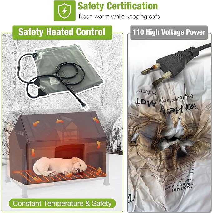 GUTINNEEN Outdoor Heated Dog House with Anti-Bite Metal Frame Insulated Winter Dog Kennel Waterproof with Heater and Insulated Liner for Small to Medium Dogs