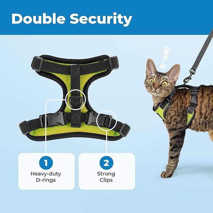 Voyager Escape Proof Cat Harness and Leash Set with Reflective Stitching, Neoprene Handle 5ft - Supports Small, Medium and Large Cats, Kittens for Walking by Best Pet Supplies - Black Trim-Lime, XXS