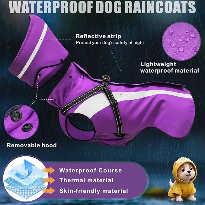 Mosucoirl Dog Raincoat Waterproof Raincoats for Dog Reflective Dogs Rain Jackets with Hood Hoodie Pet Rain Poncho Coat for Small Medium Large Dogs Puppies S-XXL (Purple, XXL)