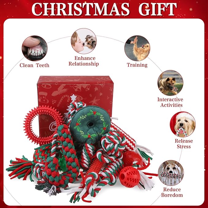 EXPAWLORER Christmas Dog Toys Bulk 15 Pack Set - Puppy Xmas Toys Gift Box for Teething, Durable Squeaky Rope Ball Toy, Indestructible Rubber Chew Toy, Interactive for All Dogs Aggressive Chewers