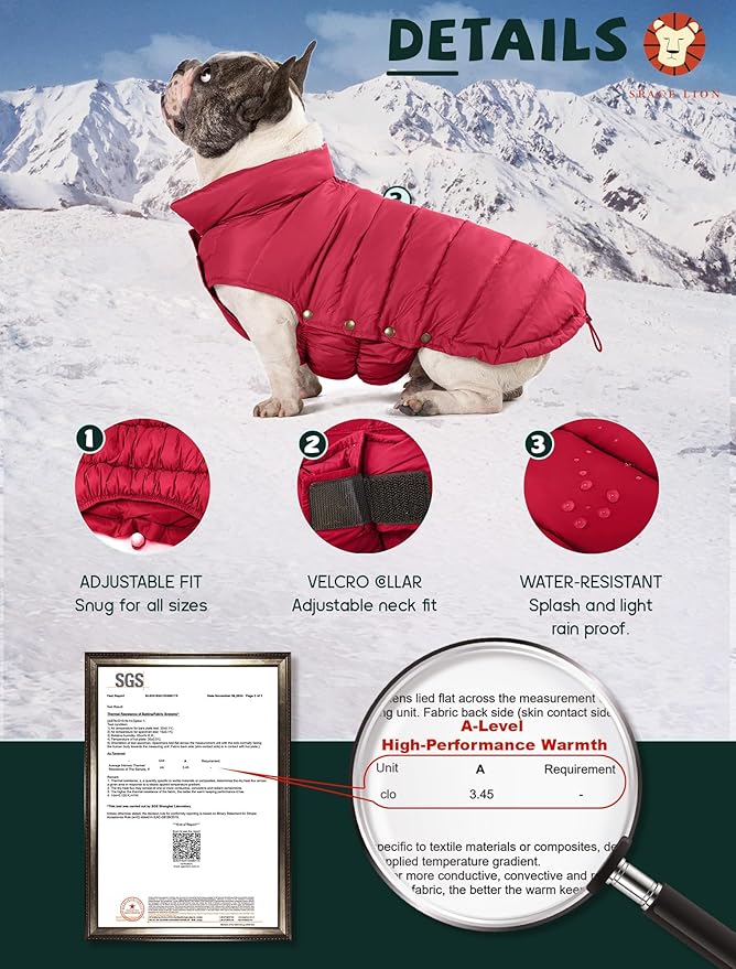 SPACE LION Dog Puffer Jacket, Down Winter Coat, Durable Outdoor Coat for Cold and Windy Conditions, Waterproof, Lightweight Jacket, Adjustable Fit for Small, Medium, Large Dogs(Red,12/M)