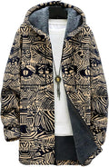 Mens Aztec Print Hoodie Heavyweight Cotton Fleece Jacket Zip Up Warm Long Sleeve Hooded Winter Midi Coat