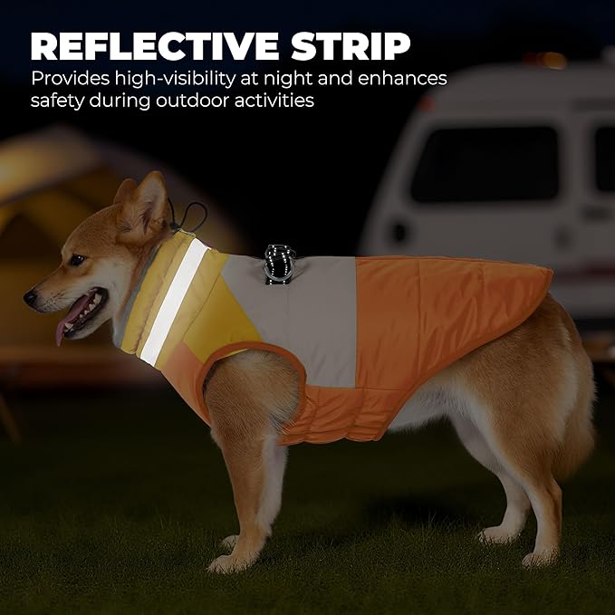 Dog Coat, Waterproof Dog Winter Coats for Small Dogs, Reflective Dogs Jacket with Harness Built in, Zip-up Cold Weather Coats Pet Vest Turtleneck Doggy Snowsuit, Orange Medium