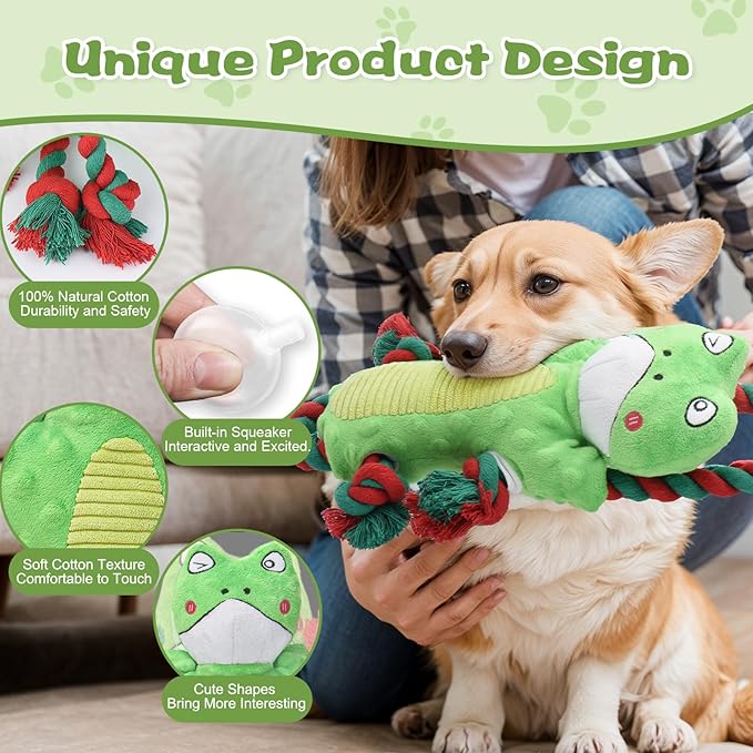 Squeaky Dog Toys, Dog Rope Toys Indestructible Natural Cotton Interactive Dog Toys, Tug of War Tough Chew Toys for All Breed, Green