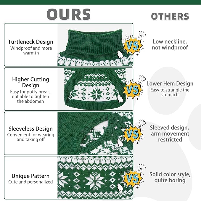 KOOLTAIL Cable Knit Dog Sweater Turtleneck, Cold Weather Pullover Classic Knitwear, Snowflake Pattern Thick Warm Winter Pet Clothes, Dog Christmas Sweater for Small Medium Large Dogs Cats,Green SM