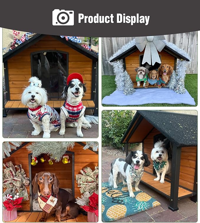 Dog House Outdoor with Porch, Anti-Chewing Iron Frame, Weatherproof Large Wooden Dog Kennel Outside with Openable Roof & Removable Floor, Elevated Base & PVC Curtain