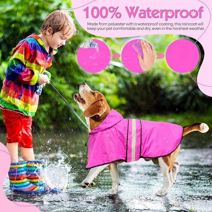 Weesiber Dog Raincoat, Waterproof Dog Rain Jacket with Leash Hole, Hooded Pet Poncho Lightweight Puppy Coat for Small Dogs (S, Pink)