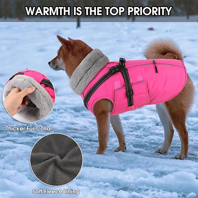 PETDSH Dog Coat Small, Built-in Harness Dog Jacket with Warm Fleece Lining, Waterproof Reflective Dogs Winter Coat, Pet Coats with Pocket and Trash Bags (Pink, Small)
