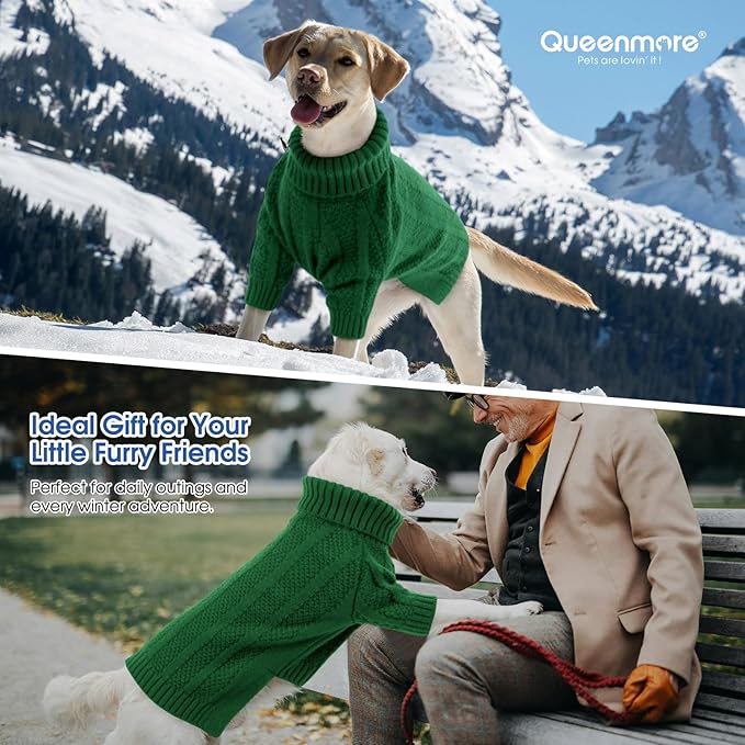 Queenmore Dog Sweater Large Size Dog, Large Dogs Sweater Xmas,Turtleneck Pullover Doggy Sweaters for Dogs Girls Boys,Sweater Pet L,Thanksgiving Knitted Pet Sweater for French Bulldog(Green,L)