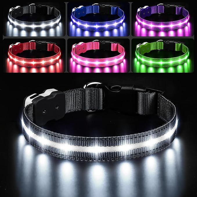 PcEoTllar Light Up Dog Collars, Led Dog Collar, Rechargeable, Night Walking, Waterproof, Glow in The Dark Dog Collars Light for Large Small Medium Dogs, Black m