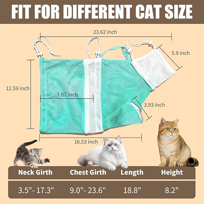 Cat Shower Bag with Removable Hood - Green Mesh Cat Bathing Bag for Stress-Free Bath, Nail Clipping & Grooming, Comfortable Cat Washing Bag