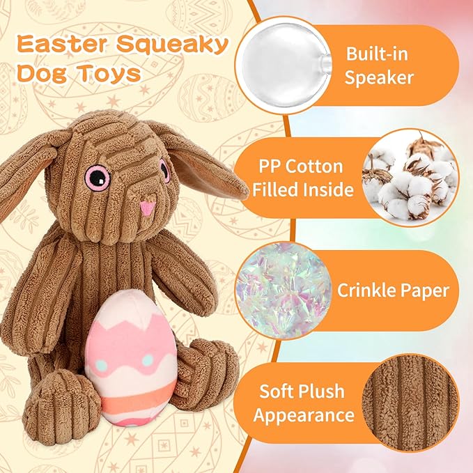 Stuffed Dog Toys Easter Rabbit Dog Toy, Squeaker Plush Dogs Toy with Crinkle Paper, Interactive Durable Puppy Chew Toy Pet Easter Toy with Egg for Small and Medium Dogs