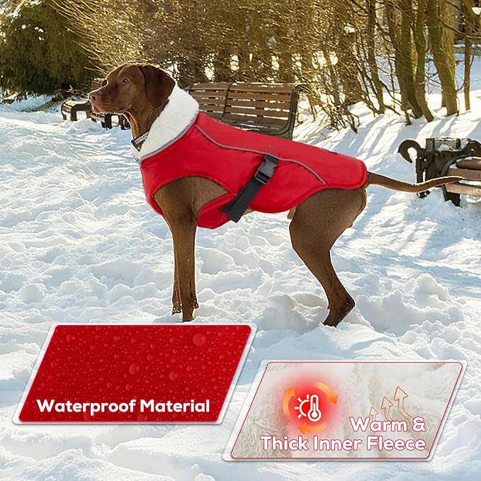 EMUST Dog Coat, Waterproof Pet Snow Jacket for Winter, Adjustable Small/Medium/Large Dog Coat/s for Winter, Red, L