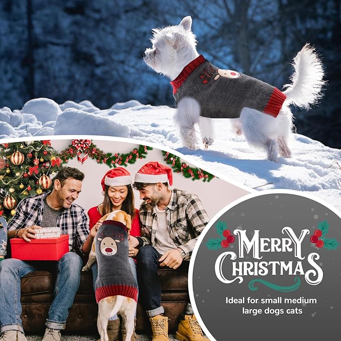 PETCARE Reindeer Christmas Dog Sweater Gray Cat Sweater Vest Cartoon Elk Pet Holiday Dog Clothes Puppy Sweaters for Small Medium Large Dogs Cats Fall Winter Outfits Xmas Dogs Costume,X-Large