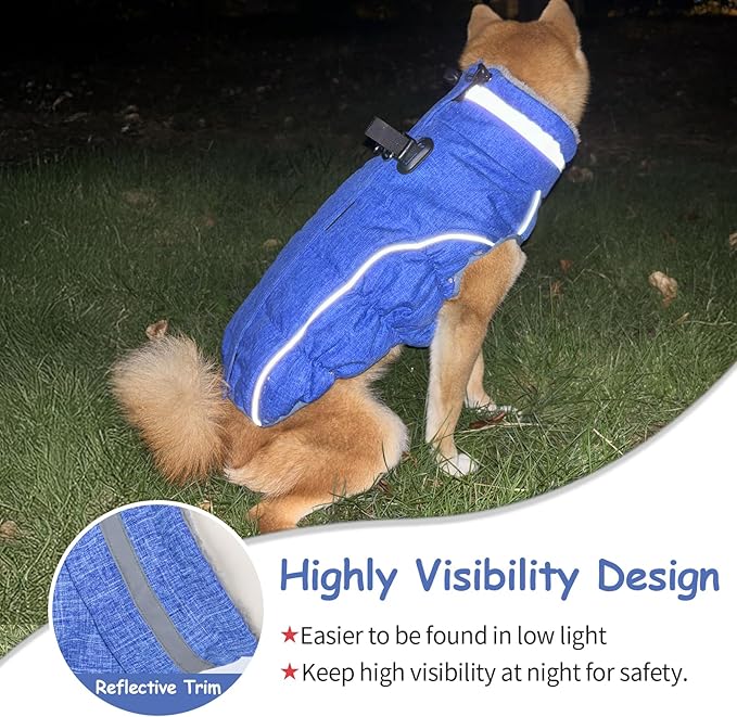 Malier Dog Coat, Reflective Dog Jacket Waterproof Windproof Puppy Cold Weather Coats with Harness Built in, Winter Extra Warm Pet Coat Fleece Vest for Small Large Pets and Puppy (Blue, Medium)