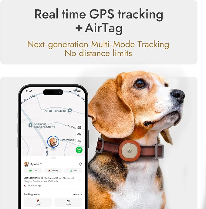 Molly&Cody GPS + Bluetooth Pet Tracker for Cats & Dogs – Real‑Time Tracking, Virtual Fence, IP67 Waterproof, Up to 60‑Day Battery, Health Monitoring, iOS/Android – 3‑Month Subscription Included (Gold)