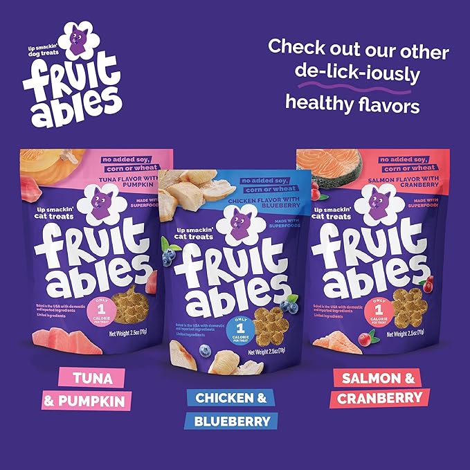 Fruitables Cat Treats, Healthy Treats For Cats, Low Calorie and Packed with Protein, Crunchy Biscuits, No Wheat, Corn or Soy, Made with Real Tuna and Pumpkin, 2.5oz